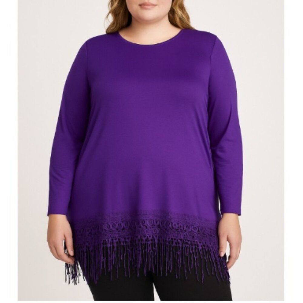 Amanda Paris London New York Purple Tunic Top Lace Fringe Hem Womens Plus Sze 2X